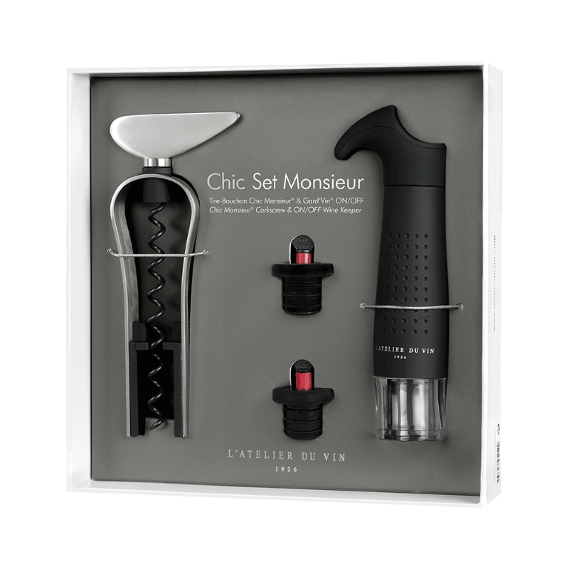 Coffret Tire-bouchon design et sa pompe pour garder le vin. Chic SET Monsieur de  L'atelier du vin chez Robin concept store masculin, boutique en ligne de cadeau pour homme.