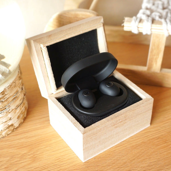 Écouteurs aBean kreafunk noir édition. Coffret en bois kreafunk contenant les écouteurs abean black édition. Idées cadeaux homme
