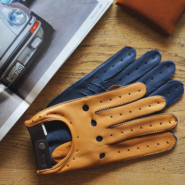 Gants de conduite marron et bleu foncé avec fermeture à pression de café leather. triton driving glove . Gants en cuir de luxe à Annecy