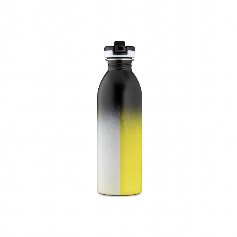 Urban Bottle Stardust sport lid de la marque 24 Bottles. Gourde sport Stardust jaune vif, noir et blanche avec bouchon sport paille rabattable. Idée cadeau chez Robin concept store masculin, concept store homme boutique en ligne de cadeau pour homme. Annecy