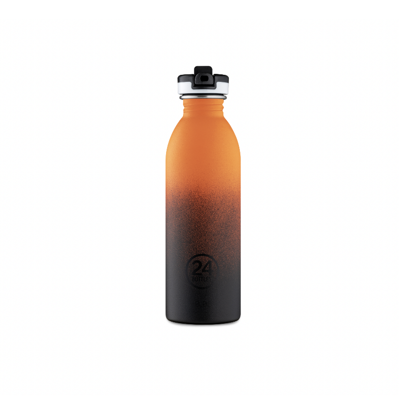 Urban Bottle Jupiter sport lid de la marque 24 Bottles. Gourde sport Jupiter orange vif et noir avec bouchon sport paille rabattable. Idée cadeau chez Robin concept store masculin, concept store homme boutique en lligne de cadau pour homme; Annecy.