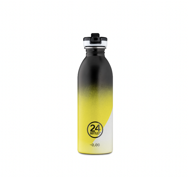 Urban Bottle Stardust sport lid de la marque 24 Bottles. Gourde sport Stardust jaune vif, noir et blanche avec bouchon sport paille rabattable. Idée cadeau chez Robin concept store masculin, concept store homme boutique en ligne de cadeau pour homme. Annecy.
