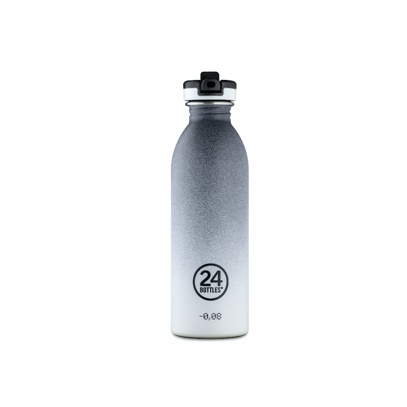 Urban Bottle Tempo Grey sport lid de la marque 24 Bottles. Gourde sport Tempo grey blanche et dégradé de gris avec bouchon sport paille rabattable. Idée cadeau chez Robin concept store masculin, concept store homme boutique en ligne de cadeau pour homme. Annecy