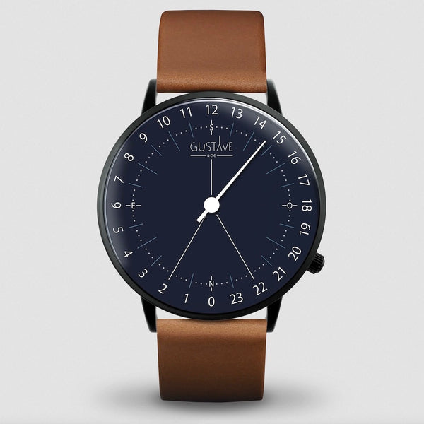 Montre 24h mono aiguille avec cadran bleu Gustave and Cie, bracelet en cuir. Cadeau homme