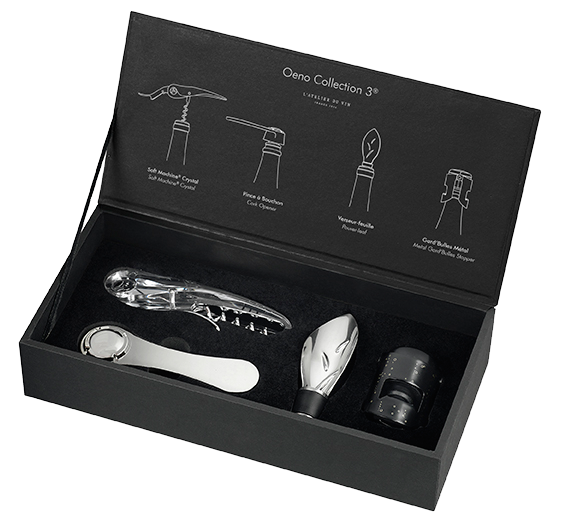 Coffret Tire-bouchon de l'Atelier du vin, pince à bouchon, Verseur pour le vin, bouchon de garde pour le champagne. Accéssoires pour le vin et champagne dans un coffret en bois chez Robin concept store masculin, boutique en ligne de cadeau pour homme. 