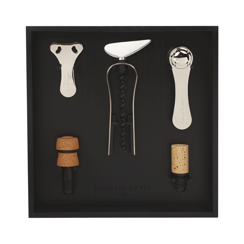 Coffret de tire bouchon pour les bouteilles de vin et de champagne, coupe capsule et un bouchon pour le champagne, un bouchon pour le vin. coffret cadeau pour sommelier chez Robin concept store.