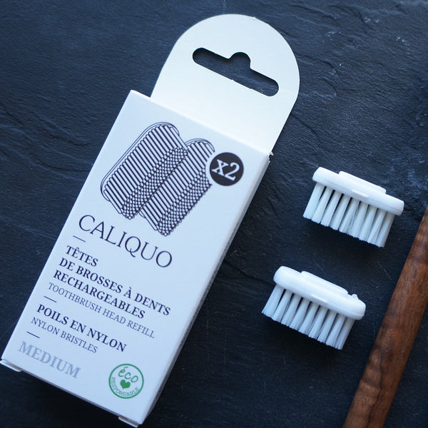 Pack de recharge pour brosse à dents manche en bois Caliquo. Fabrication éco responsable. Poils en nylon souples et medium. 
