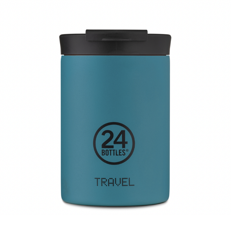 Mug de voyage en inox isotherme de couleur Bleu turquoise de la marque 24 Bottles. Travel Tumbler stone.Tasse thermos Atlantic Bay Finition pierre avec un couvercle étanche. Travel Tumbler atlantic bay 24 Bottles idée cadeau homme chez Robin concept store masculin, boutique en  ligne de cadeau pour homme.