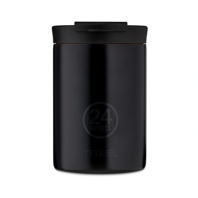 Mug de voyage en inox isotherme de couleur noir de la marque 24 Bottles. Tasse thermos Tuxedo Black avec un couvercle étanche. Travel tumbler tuxedo black 24 Bottles idée cadeau homme chez Robin concept store masculin, boutique en ligne de cadeau pour homme.