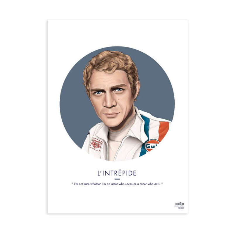 Portrait artprint de Steve McQueen dit L'intrépide de la marque Get my asap. Affiche Steve McQueen dans le film Le Mans chez Robin concept store, boutique cadeau homme Annecy.