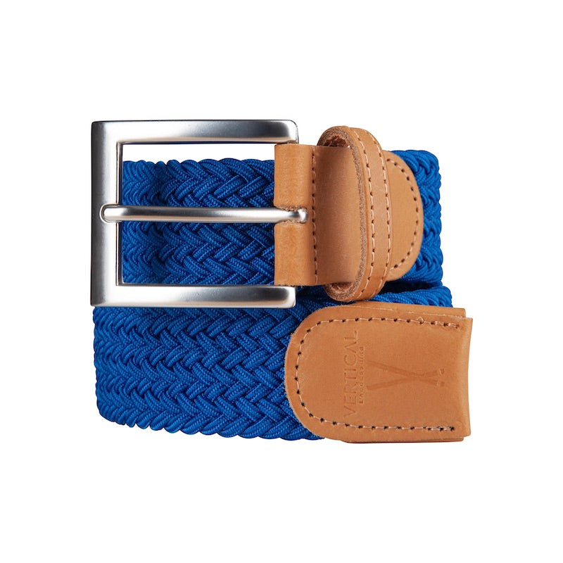 Ceinture tressée en nylon et cuir de coleur bleu électrique avec boucle argenté. Ceinture homme fabriqué en France.