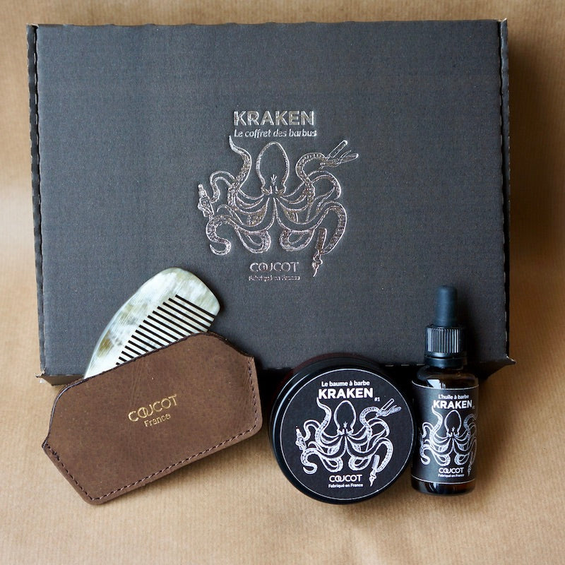 Coffret huile, baume à barbe et peigne avec étui en cuir pour entretien de la barbe. Idée cadeau pour homme.