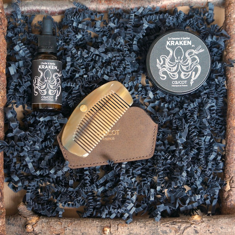 Huile à barbe, baume à barbe kraken et peigne le voyageur de la marque coucot. cadeau pour homme.