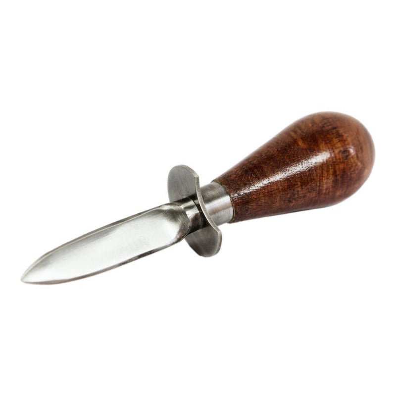 Couteau à huître avec un manche en bois et lame en acier inoxydable muni d'une rondelle de protection.