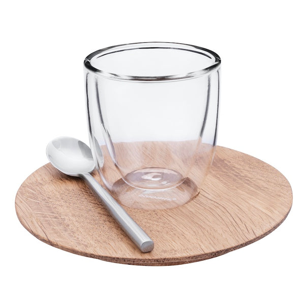 Tasse à café expresso en verre soufflée double paroi, sous tasse en bois aimanté, cuillère magnétique. Idée cadeau originale.