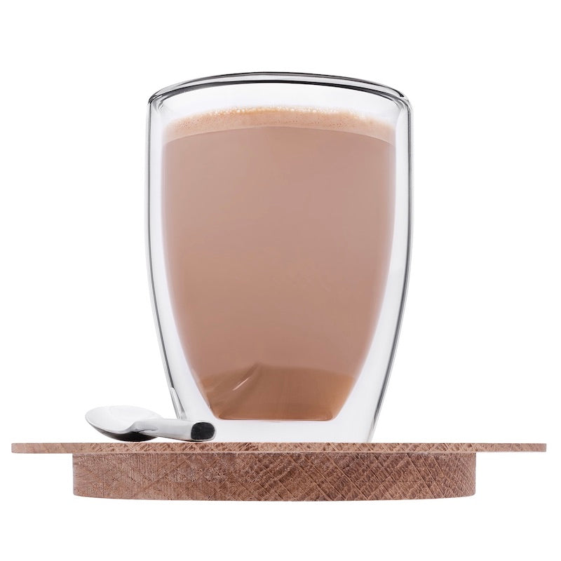 Tasse en verre double paroi pour cappuccino avec une sous-tasse en bois aimanté et une cuillère magnétique. Idée cadeau original.