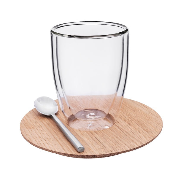 Grande tasse en verre double paroi avec sous tasse en bois aimanté et sa cuillère magnétique.