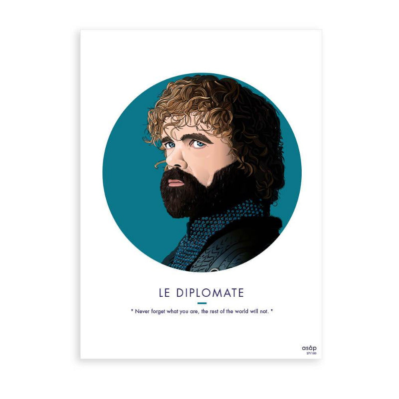 Affiche "Le Diplomate" sur fond bleu de la série Games of Thrones. Affiches et posters get my ASAP. Poster de Tyrion Lamnister. Artwork déco, art-print, poster décoration chez Robin concept store, boutique en ligne de cadeau pour homme. Annecy