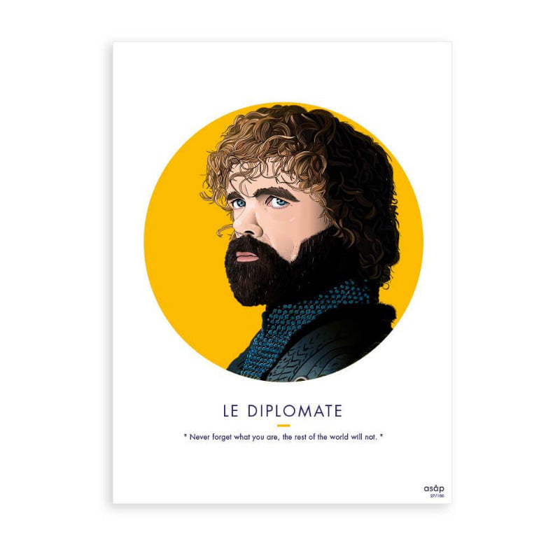 Affiche "Le Diplomate" sur fond jaune de la série Games of Thrones. Affiches et posters get my ASAP. Poster de Tyrion Lamnister. Artwork déco, artprint, affiche déco cinéma chez Robin concept store, boutique en ligne de cadeau pour homme. Annecy