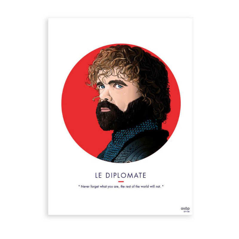 Affiche "Le Diplomate" sur fond rouge de la série Games of Thrones. Affiches et posters get my ASAP. Poster de Tyrion Lamnister. Artwork déco, art-print, Posters déco chez Robin concept store, boutique en ligne de cadeau pour homme. Annecy